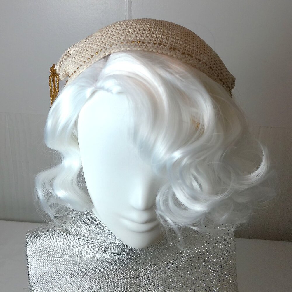 Vintage Hand-Crocheted Pillbox Fascinator Hat with golden beaded tussle